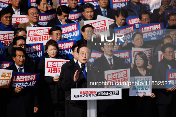 Lee Jae-myung, leader of the Democratic Party of Korea, delivers a speech at an opposition coalition rally in front of the National Assembly...