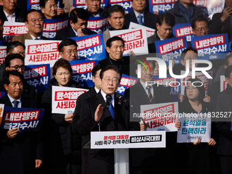 Lee Jae-myung, leader of the Democratic Party of Korea, delivers a speech at an opposition coalition rally in front of the National Assembly...