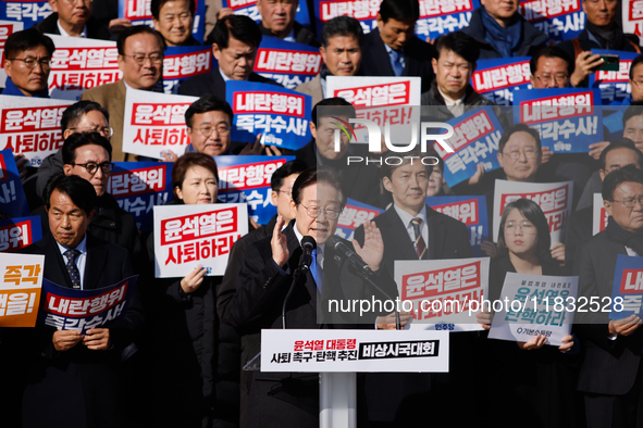 Lee Jae-myung, leader of the Democratic Party of Korea, delivers a speech at an opposition coalition rally in front of the National Assembly...