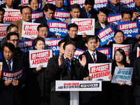 Lee Jae-myung, leader of the Democratic Party of Korea, delivers a speech at an opposition coalition rally in front of the National Assembly...