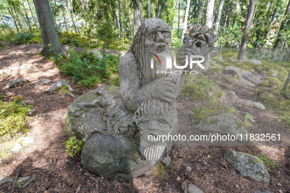 A general view of the Trollparken Garpes Vanner sculpture park is seen in Gamleby, Sweden, on August 11, 2024. The artist Jerzy Przybyl, als...