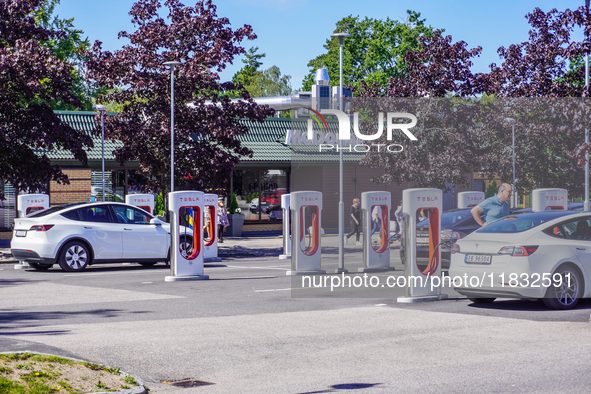 A Tesla SuperCharger charging station is seen in Vaxjo, Sweden, on August 13, 2024. 