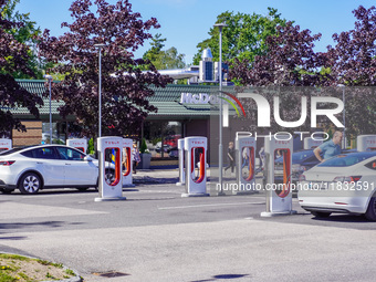 A Tesla SuperCharger charging station is seen in Vaxjo, Sweden, on August 13, 2024. (