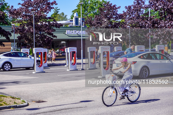 A Tesla SuperCharger charging station is seen in Vaxjo, Sweden, on August 13, 2024. 