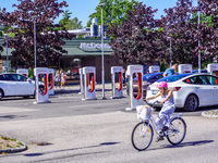 A Tesla SuperCharger charging station is seen in Vaxjo, Sweden, on August 13, 2024. (