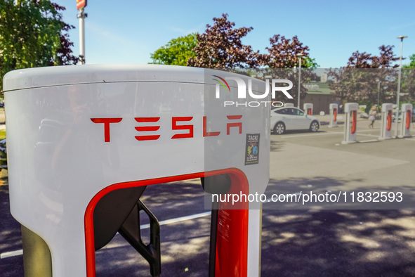 A Tesla SuperCharger charging station is seen in Vaxjo, Sweden, on August 13, 2024. 