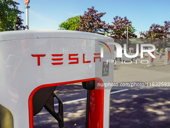 A Tesla SuperCharger charging station is seen in Vaxjo, Sweden, on August 13, 2024. (