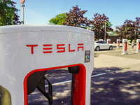 A Tesla SuperCharger charging station is seen in Vaxjo, Sweden, on August 13, 2024. (