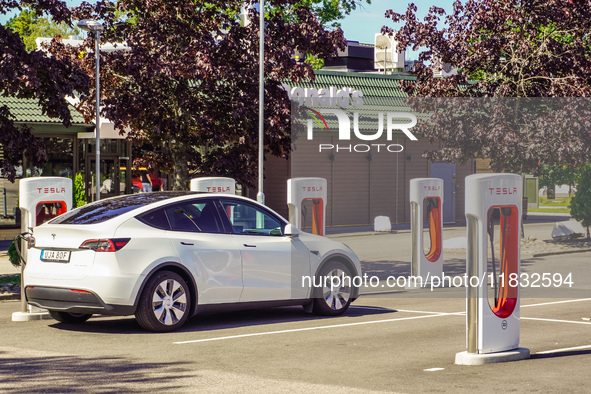 A Tesla SuperCharger charging station is seen in Vaxjo, Sweden, on August 13, 2024. 