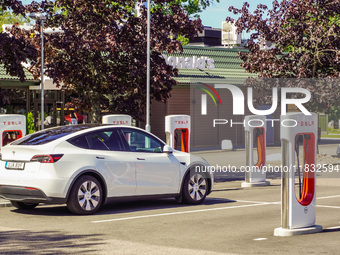 A Tesla SuperCharger charging station is seen in Vaxjo, Sweden, on August 13, 2024. (