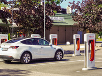 A Tesla SuperCharger charging station is seen in Vaxjo, Sweden, on August 13, 2024. (