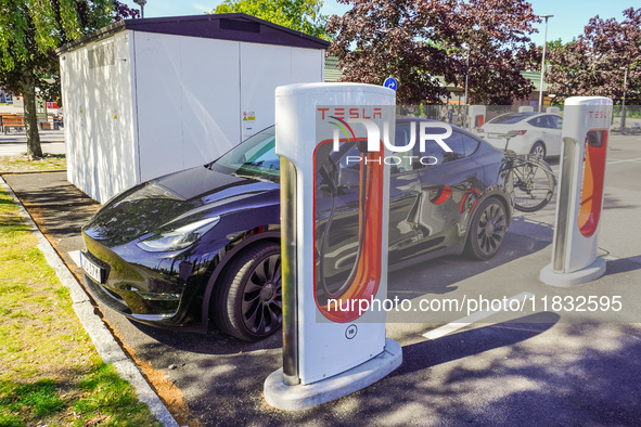 A Tesla SuperCharger charging station is seen in Vaxjo, Sweden, on August 13, 2024. 