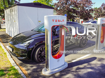 A Tesla SuperCharger charging station is seen in Vaxjo, Sweden, on August 13, 2024. (