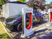 A Tesla SuperCharger charging station is seen in Vaxjo, Sweden, on August 13, 2024. (