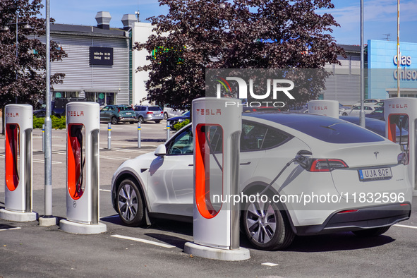 A Tesla SuperCharger charging station is seen in Vaxjo, Sweden, on August 13, 2024. 