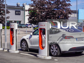 A Tesla SuperCharger charging station is seen in Vaxjo, Sweden, on August 13, 2024. (