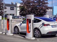 A Tesla SuperCharger charging station is seen in Vaxjo, Sweden, on August 13, 2024. (