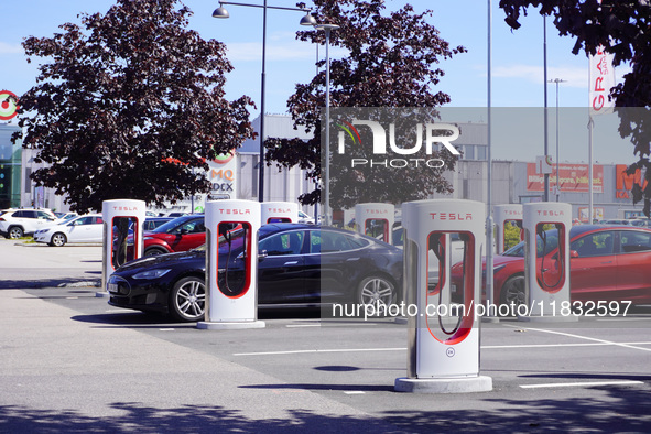 A Tesla SuperCharger charging station is seen in Vaxjo, Sweden, on August 13, 2024. 