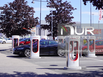 A Tesla SuperCharger charging station is seen in Vaxjo, Sweden, on August 13, 2024. (