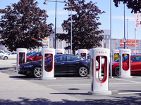 A Tesla SuperCharger charging station is seen in Vaxjo, Sweden, on August 13, 2024. (