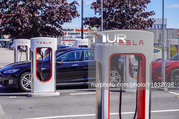 A Tesla SuperCharger charging station is seen in Vaxjo, Sweden, on August 13, 2024. 