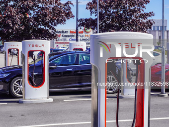 A Tesla SuperCharger charging station is seen in Vaxjo, Sweden, on August 13, 2024. (