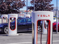 A Tesla SuperCharger charging station is seen in Vaxjo, Sweden, on August 13, 2024. (