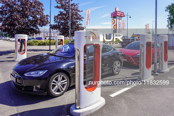 A Tesla SuperCharger charging station is seen in Vaxjo, Sweden, on August 13, 2024. 