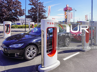 A Tesla SuperCharger charging station is seen in Vaxjo, Sweden, on August 13, 2024. (