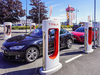 A Tesla SuperCharger charging station is seen in Vaxjo, Sweden, on August 13, 2024. (