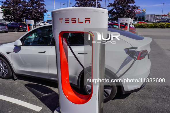 A Tesla SuperCharger charging station is seen in Vaxjo, Sweden, on August 13, 2024. 