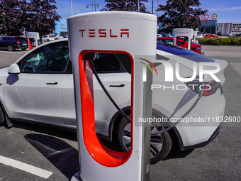 A Tesla SuperCharger charging station is seen in Vaxjo, Sweden, on August 13, 2024. (