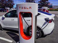 A Tesla SuperCharger charging station is seen in Vaxjo, Sweden, on August 13, 2024. (