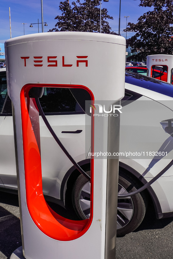 A Tesla SuperCharger charging station is seen in Vaxjo, Sweden, on August 13, 2024. 