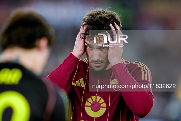 Mats Hummels of AS Roma reacts during the Serie A Enilive match between AS Roma and Atalanta BC at Stadio Olimpico on December 02, 2024 in R...