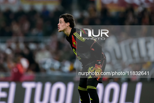 Mile Svilar of AS Roma looks on during the Serie A Enilive match between AS Roma and Atalanta BC at Stadio Olimpico on December 02, 2024 in...