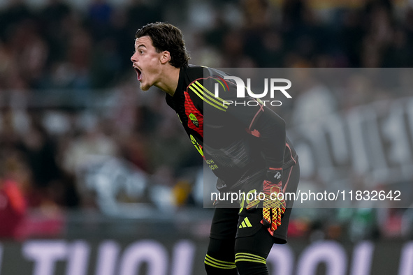 Mile Svilar of AS Roma during the Serie A Enilive match between AS Roma and Atalanta BC at Stadio Olimpico on December 02, 2024 in Rome, Ita...