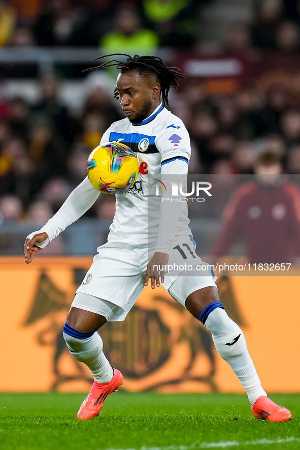 Ademola Lookman of Atalanta BC controls the ball during the Serie A Enilive match between AS Roma and Atalanta BC at Stadio Olimpico on Dece...