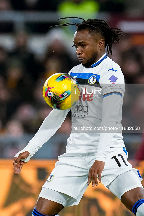 Ademola Lookman of Atalanta BC controls the ball during the Serie A Enilive match between AS Roma and Atalanta BC at Stadio Olimpico on Dece...