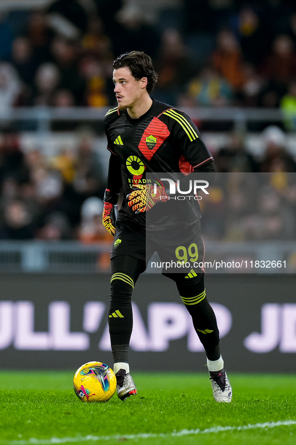 Mile Svilar of AS Roma during the Serie A Enilive match between AS Roma and Atalanta BC at Stadio Olimpico on December 02, 2024 in Rome, Ita...