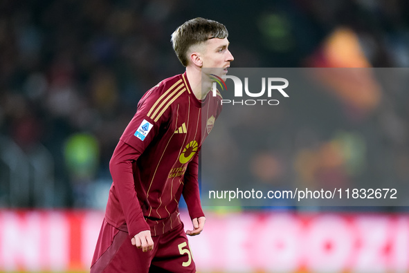 Alexis Saelemaekers of AS Roma looks on during the Serie A Enilive match between AS Roma and Atalanta BC at Stadio Olimpico on December 02,...