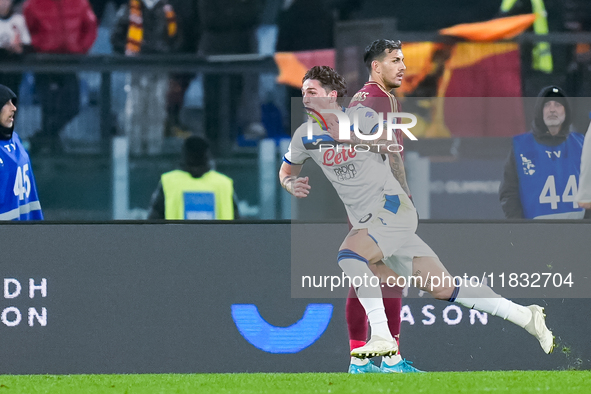 Nicolo Zaniolo of Atalanta BC celebrates after scoring second goal during the Serie A Enilive match between AS Roma and Atalanta BC at Stadi...