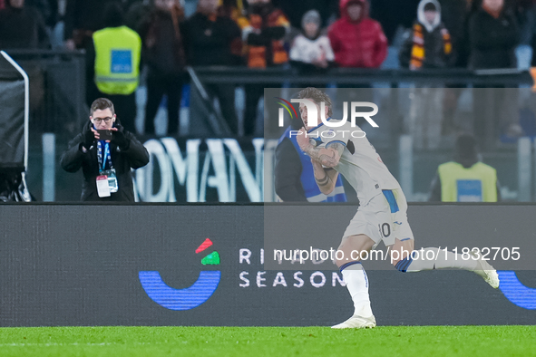 Nicolo Zaniolo of Atalanta BC celebrates after scoring second goal during the Serie A Enilive match between AS Roma and Atalanta BC at Stadi...