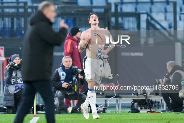 Nicolo Zaniolo of Atalanta BC celebrates after scoring second goal during the Serie A Enilive match between AS Roma and Atalanta BC at Stadi...