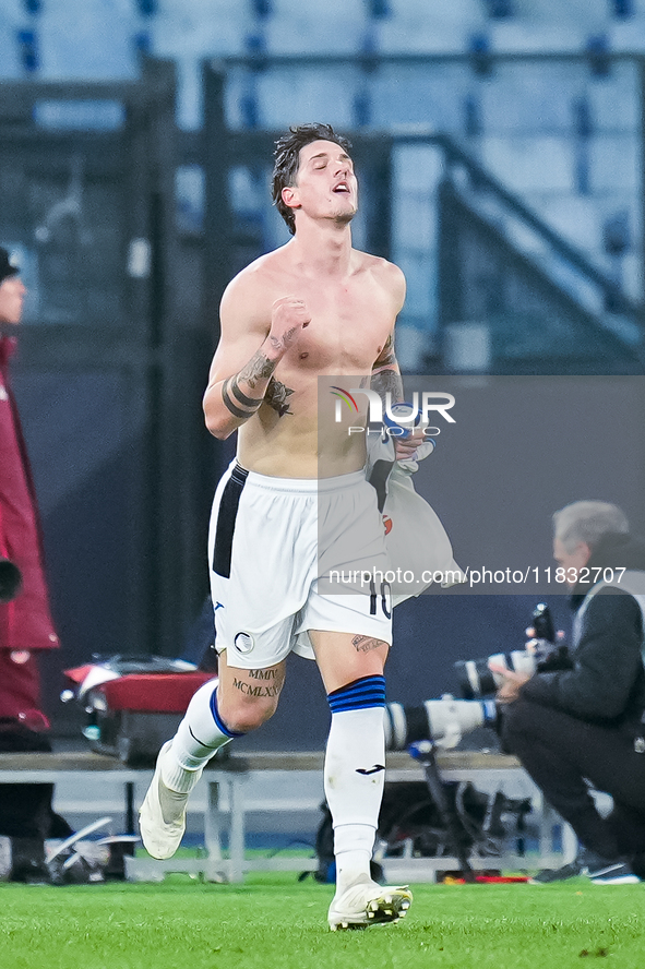 Nicolo Zaniolo of Atalanta BC celebrates after scoring second goal during the Serie A Enilive match between AS Roma and Atalanta BC at Stadi...