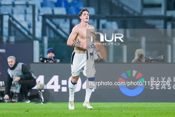 Nicolo Zaniolo of Atalanta BC celebrates after scoring second goal during the Serie A Enilive match between AS Roma and Atalanta BC at Stadi...