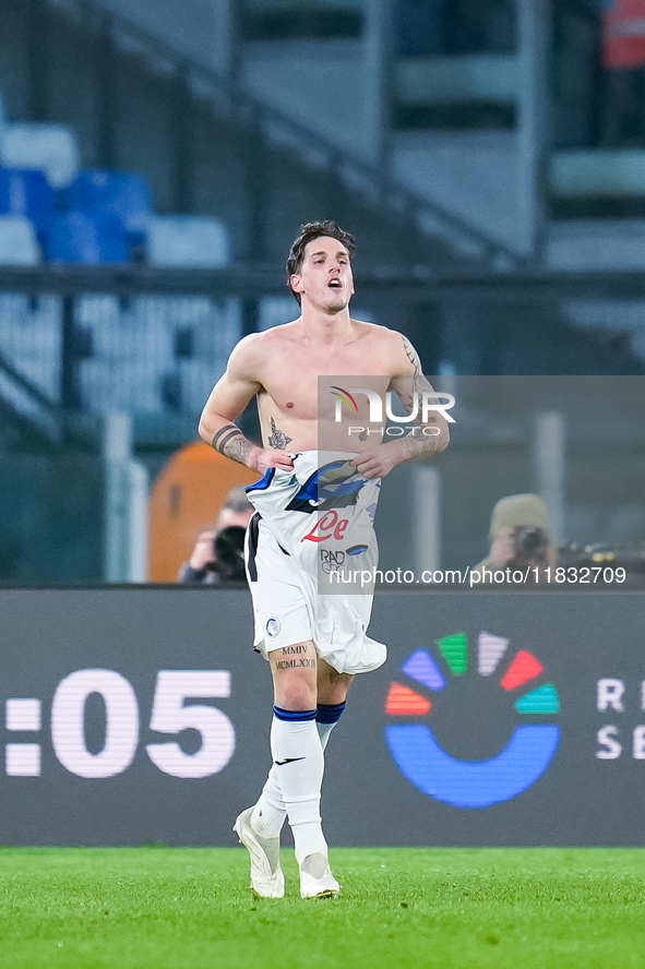 Nicolo Zaniolo of Atalanta BC celebrates after scoring second goal during the Serie A Enilive match between AS Roma and Atalanta BC at Stadi...