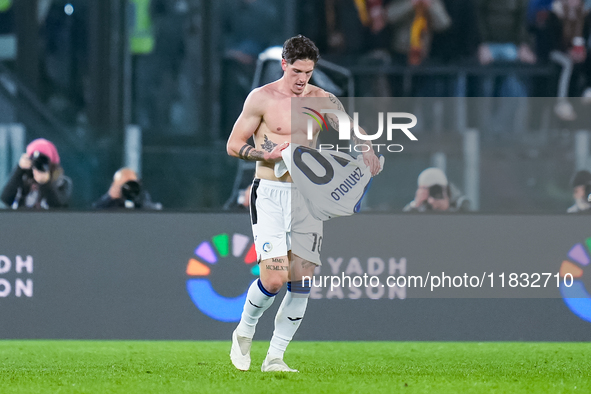 Nicolo Zaniolo of Atalanta BC celebrates after scoring second goal during the Serie A Enilive match between AS Roma and Atalanta BC at Stadi...