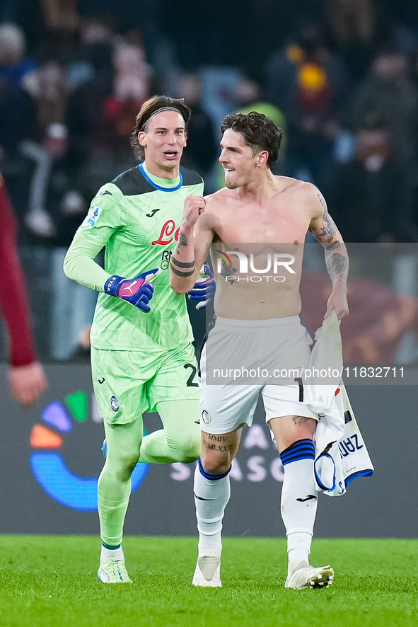 Nicolo Zaniolo of Atalanta BC celebrates after scoring second goal during the Serie A Enilive match between AS Roma and Atalanta BC at Stadi...