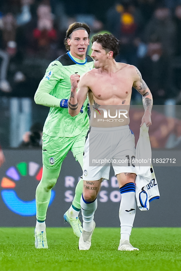 Nicolo Zaniolo of Atalanta BC celebrates after scoring second goal during the Serie A Enilive match between AS Roma and Atalanta BC at Stadi...